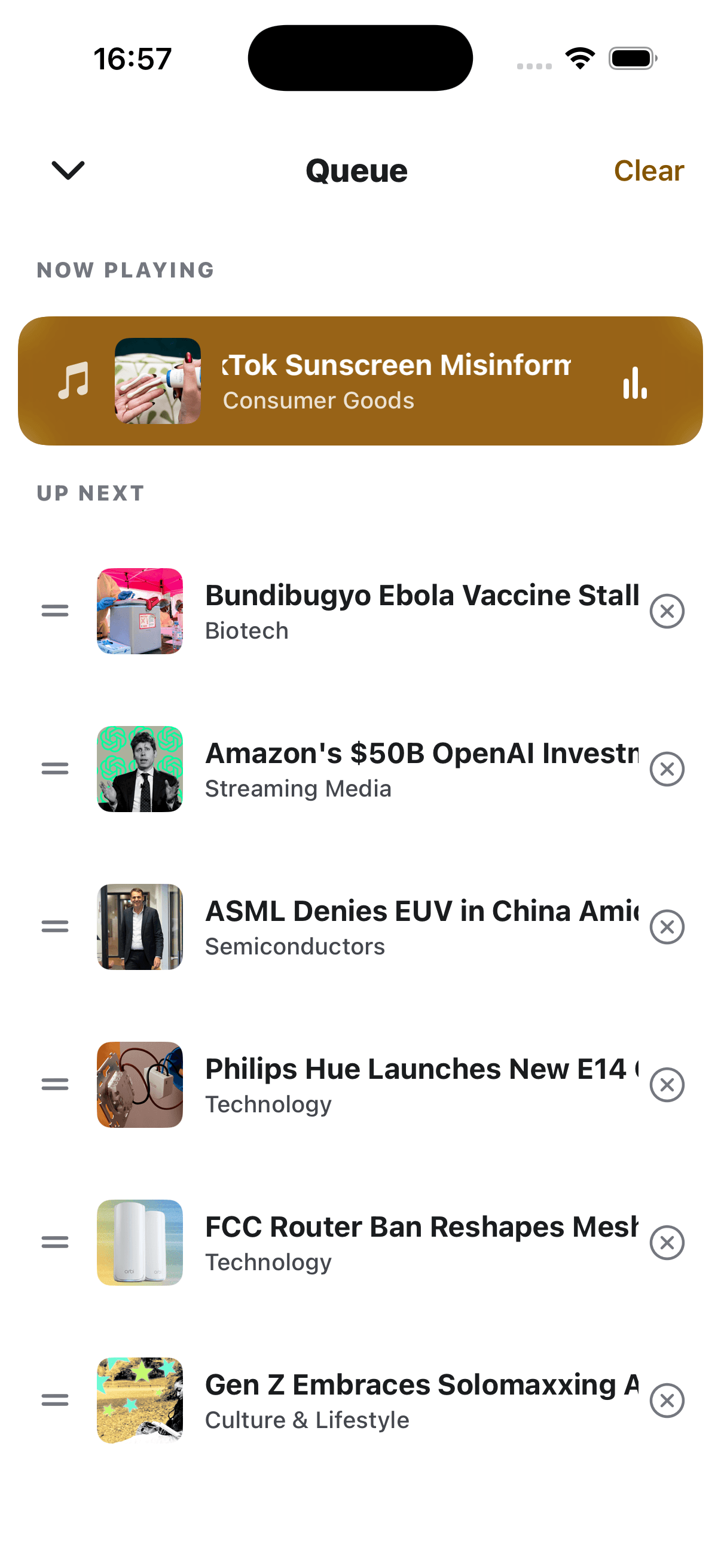 Briefi queue screen showing selected stories ready for audio playback